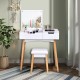 Wooden vanity table with flip top mirror and cushioned stool, featuring sturdy solid wood legs and ample storage space.
