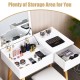 Wooden vanity table with flip top mirror and cushioned stool, featuring ample storage and a chic, elegant design.