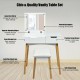 Wooden vanity table with flip top mirror, cushioned stool, and large storage space for elegant makeup organization.