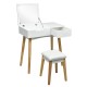 Wooden vanity table with flip top mirror, cushioned stool, and sturdy solid wood legs for stylish storage and comfort.