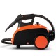 Heavy duty household steam cleaner in black and orange with wheels, featuring 18 accessories for versatile cleaning.