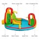 Kid's inflatable water slide bounce house featuring a climbing wall, splash pool, and multiple slides for outdoor fun.