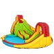 Kid's inflatable water slide bounce house featuring a climbing wall, splash pool, and vibrant colors for outdoor fun.