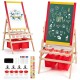 Double-sided kids art easel with magnetic blackboard and whiteboard, includes storage trays and art accessories for.