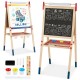Height adjustable kid's art easel with double-sided whiteboard and chalkboard, includes magnetic stickers and paint.