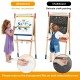 Double-sided wooden art easel featuring a chalkboard and whiteboard, adjustable height for kids, includes magnetic.