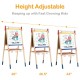 Height adjustable wooden art easel for kids, featuring a double-sided board and 26 magnetic stickers for creative play.