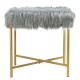 Gray faux fur ottoman stool with golden metal legs, ideal for small spaces and versatile use in any room.