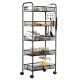 5-tier black mesh rolling utility cart with spacious shelves and lockable wheels, ideal for home or office organization.