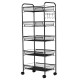 Detail shot of the 5-tier black mesh rolling cart showcasing spacious shelves and durable iron frame for versatile.