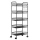 Five-tier black mesh rolling utility cart with spacious shelves and wheels for easy mobility, ideal for home or office.