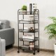 Side view of the 5-tier black mesh rolling cart with iron frame and spacious shelves, perfect for home or office.
