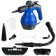 Handheld pressurized steam cleaner in blue with accessories, 1050W for efficient cleaning and disinfecting surfaces.