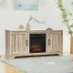 65-inch media component TV stand in natural wood color with adjustable shelves and space for an electric fireplace.