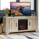 Natural wood 65-inch media component TV stand featuring a spacious center area for an electric fireplace and adjustable.