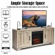 65-inch media component TV stand in natural wood color with adjustable shelves and ample storage for bulky items.