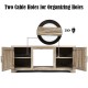 TV stand with two cable holes, adjustable shelves, and natural wood finish, perfect for organizing media components.