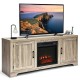 Front view of the 65-inch media component TV stand in natural wood, featuring an electric fireplace space and sturdy.