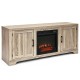 Natural wood 65-inch media component TV stand with a spacious center area for bulky items and a modern design.