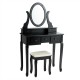 Black vanity table set with oval mirror, 12 LED bulbs, and cushioned stool, perfect for makeup and writing.