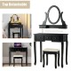 Black 5-drawer vanity table set with detachable oval mirror and 12 LED bulbs, perfect for makeup and writing.
