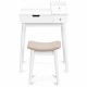Vanity dressing table set with flip mirror, white finish, includes two drawers and a comfortable stool for makeup use.