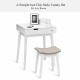 Vanity dressing table set in white with flip mirror, two drawers, and a comfortable stool for stylish home decor.