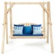 Outdoor wooden porch bench swing chair with rustic curved back and blue cushions, ideal for patio and garden relaxation.