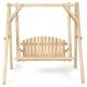 Wooden porch bench swing chair with a rustic curved back, showcasing a smooth finish, perfect for outdoor lounging.