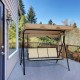 Three-person steel frame patio swing with adjustable brown canopy, ideal for outdoor relaxation on the porch or patio.