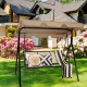 Three-person steel frame patio swing with adjustable brown canopy, perfect for outdoor relaxation in gardens or patios.