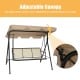 Three-person patio swing with adjustable brown canopy, featuring a sturdy steel frame for outdoor relaxation.