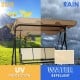Three-person patio swing with adjustable brown canopy, made of weather-resistant steel, ideal for outdoor relaxation.