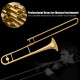 B Flat trombone in golden brass with mouthpiece, featuring a gold lacquer finish for excellent sound quality.