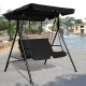 Cushioned black loveseat patio swing glider with canopy, perfect for outdoor relaxation in gardens or by the pool.