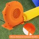 Close-up of the 550W air blower for inflatables, featuring a strong airflow and GFCI plug for safe outdoor use.
