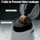 Portable 5L travel toilet showing inner and outer lids designed to prevent odor leakage, ideal for outdoor use.