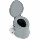 Portable 5L travel toilet in gray with removable inner bucket and toilet paper holder, ideal for outdoor use.
