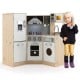 Kids corner wooden kitchen playset with stove, microwave, and sink, designed for imaginative cooking play and storage.