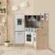 Kids corner wooden kitchen playset with stove, oven, and storage cabinets for imaginative cooking play.