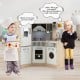 Kids Corner Wooden Kitchen Playset with cookware accessories, featuring a stove, sink, and realistic sounds for.