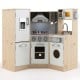 Wooden corner kitchen playset with stove, sink, and microwave for kids, featuring realistic sounds and storage cabinets.