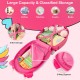 Kids rolling luggage in pink with large storage, 2-way zippers, and colorful flashing wheels for travel and school.