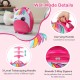 Kids rolling luggage with a pink unicorn design, featuring a 3-level telescoping handle and colorful flashing wheels.