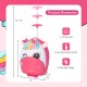 Kids rolling luggage in pink with cute ears, 16 inches, 3-level telescoping handle, and 2 flashing wheels for travel.
