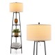 Standing shelf floor lamp with linen lampshade and three open storage shelves, perfect for modern living spaces.
