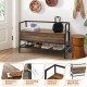 Industrial shoe bench in rustic brown with storage box and metal handrail, ideal for entryway organization.
