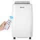 Portable 10000 BTU air conditioner with remote control, featuring three modes and flexible casters for easy mobility.