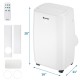 Portable 10000 BTU air conditioner with remote control, 3 modes, and quiet operation for living room or bedroom use.
