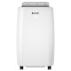 Portable 10000 BTU air conditioner in white with remote control, suitable for living rooms, bedrooms, and offices.